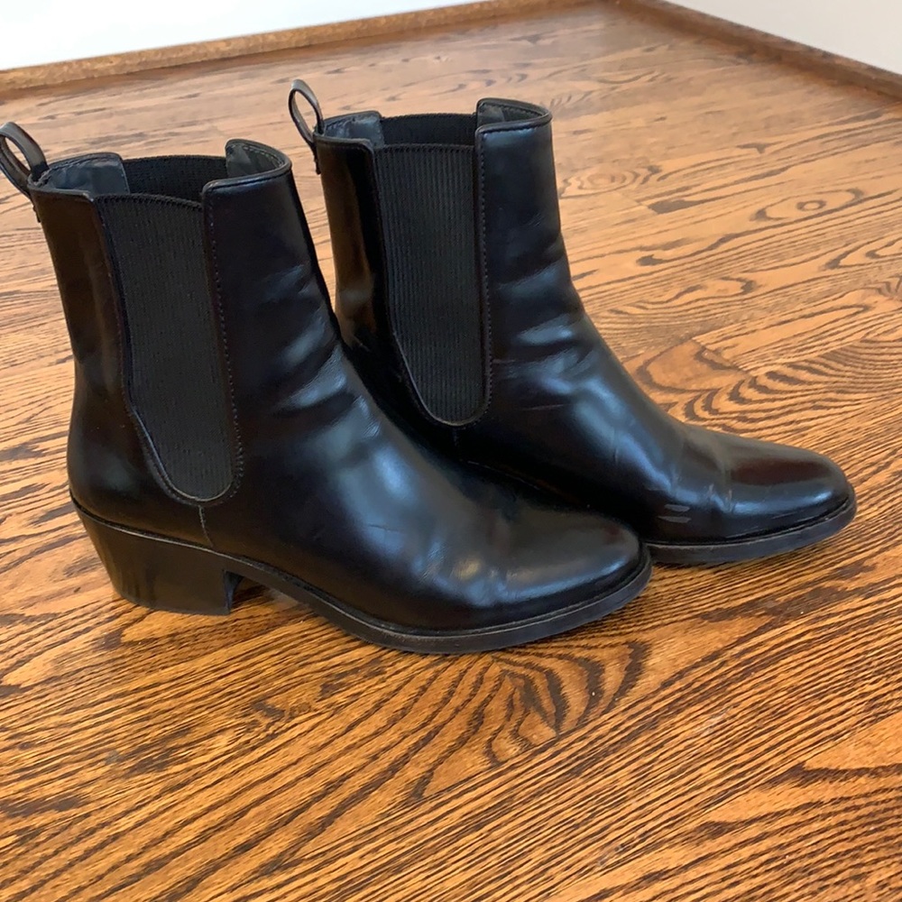 Filippa K high shine black leather ankle boot.